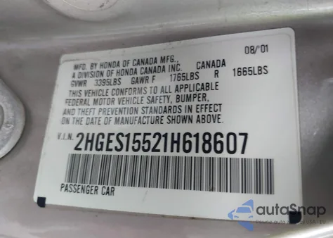 2001 Honda Civic Lx from USA, damaged, VIN 2HGES15521H618607